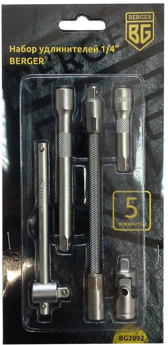 Набор удлинителей Berger, 1/4, 5 предметов. BG2092BG2092 Набор удлинителей Berger, 1/4, 5 предметов. BG2092BG2092Набор Berger состоит из удлинителей разного вида. Предметы выполнены изпрочной и качественной хром-ванадиевой стали.- 2 удлинителя 1/4: 5, 10 см, - вороток Т-образный 1/4: 11 см,- гибкий удлинитель 1/4: 15 см,-кардан шарнирный 1/4.