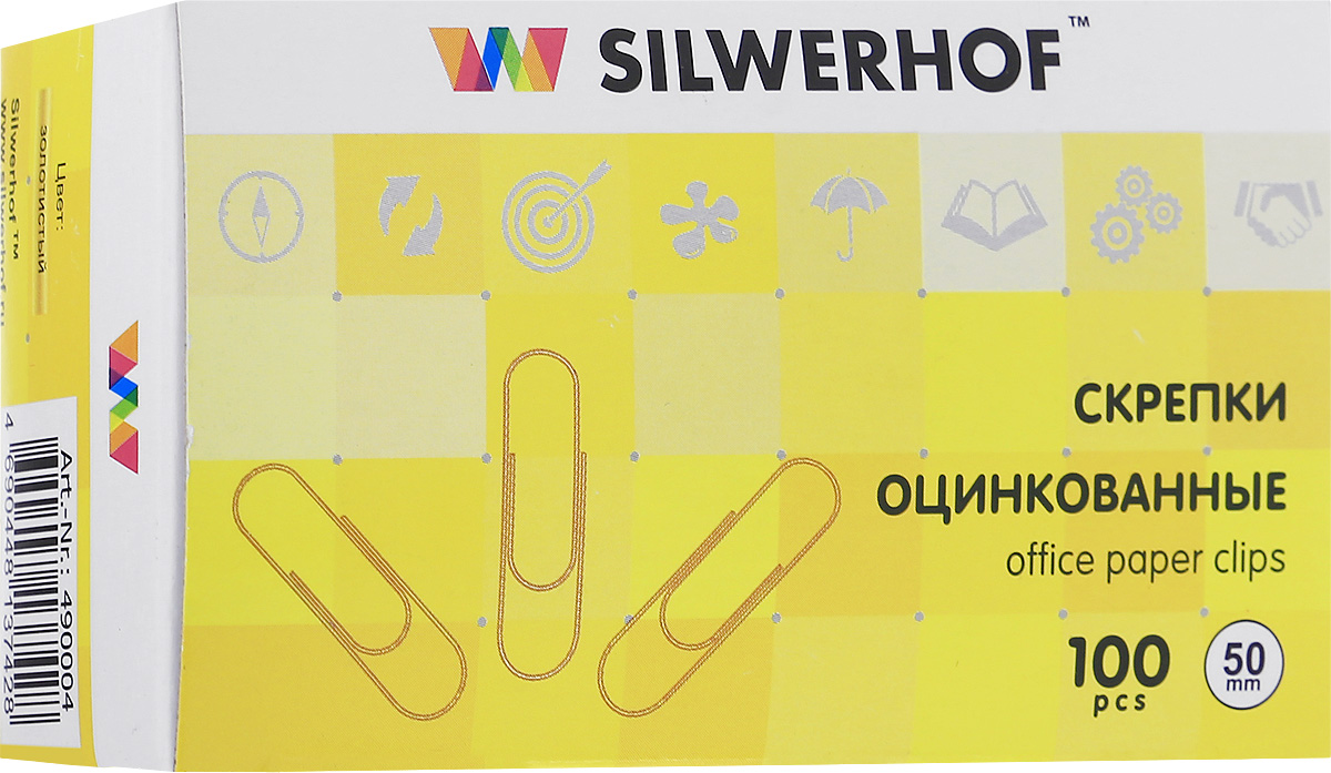 Silwerhof Скрепки цвет золотистый50 мм 100 шт490004 Silwerhof Скрепки цвет золотистый50 мм 100 шт490004Скрепки Silwerhof - это незаменимый офисный инструмент для скрепления бумажных носителей.Они изготовлены из высококачественной стали с золотистым покрытием и совершенно безопасны при использовании по назначению.Не требуют особых условий хранения.