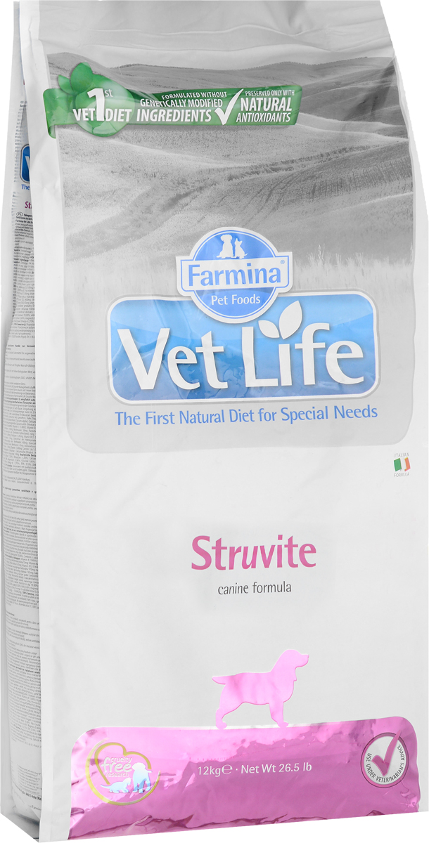 Корм сухой Farmina Vet Life для собак с мочекаменной болезнью струвитного типа, диетический, 12 кг25371 Корм сухой Farmina Vet Life для собак с мочекаменной болезнью струвитного типа, диетический, 12 кг25371Корм сухой Farmina Vet Life - это диетическое питание для собак при мочекаменной болезни для подавления образования и растворения струвитных уролитов. Именно содержание сульфата кальция создает и поддерживает оптимальный pH мочи для подавления образования и растворения струвитов и создает неблагоприятные условия для бактериальной пролиферации. Низкая концентрация белков, кальция, фосфора и магния создает неблагоприятную ситуацию для агрегации и кристаллизации осадков.Рекомендации по кормлению: использовать по назначению ветеринарного врача.Товар сертифицирован.