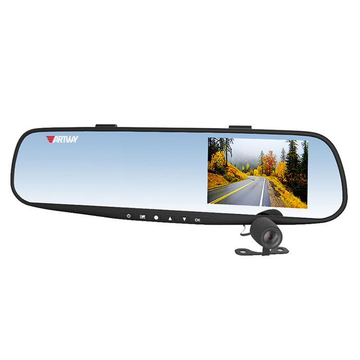 Artway AV-601, Black видеорегистратор-зеркало4620019033491 Artway AV-601, Black видеорегистратор-зеркало4620019033491Artway AV-601 – автомобильный видеорегистратор и зеркало заднего вида. Он устанавливается на штатное внутреннее (салонное) зеркало автомобиля при помощи специальных креплений.Большой и яркий дисплей диагональю 3,5 с высоким разрешением позволит вам с комфортомпросмотреть отснятые видеоролики на самом видеорегистраторе, разглядеть все детали или c удобством управлять настройкой видеорегистратора.Водонепроницаемая камера не боится дождя, снега и слякоти, поэтому может быть установлена с внешней стороны автомобиля, например, под номерным знаком: камера не испортится и не сломается. Умный процессор видеорегистратора запишет видеофайлы с передней и с выносной водонепроницаемой камеры заднего вида в разные папки для удобства дальнейшего просмотра.Установленное в салоне устройство выглядит как обычное зеркало и остается неприметным с улицы. Водитель может оставить прибор в салоне, не беспокоясь за сохранность автомобиля и устройства, и не тратить время на снятие и установку прибора.Модель AV-600 оснащена вспомогательной системой для безопасной парковки автомобиля при движении задним ходом. Система включается автоматически: при включении заднего хода, изображение на мониторе отображается зеркально, что соответствует ориентации изображения в самом зеркале. Система позволяет определить допустимое расстояние до препятствия с помощью позиционных линий, накладываемых на изображение с видеокамеры, что существенно облегчает парковку автомобиля.Видеорегистратор записывает короткие видеоролики длительностью 1, 2, 3 или 5 минут на карту памяти. В зависимости от объема, карта памяти будет заполнена через 5 -10 часов. Чтобы не стирать старые файлы вручную, процессор видеорегистратора сам будет стирать самые старые по дате и времени файлы, заменяя их новыми. Выбрать длительность видеоролика - 1, 2, 3 или 5 минут - можно самостоятельно, зайдя в настройки меню.Штамп даты и времени в кадре. Это позволяет установить дату и время в файле видеозаписи, а также добавить номер своего автомобиля. Наличие этой информации может быть актуальным при судебном разбирательстве и стать частью доказательной базы истца.Резервное питание: аккумулятор 180 мАчВремя автономной работы: 10 мин