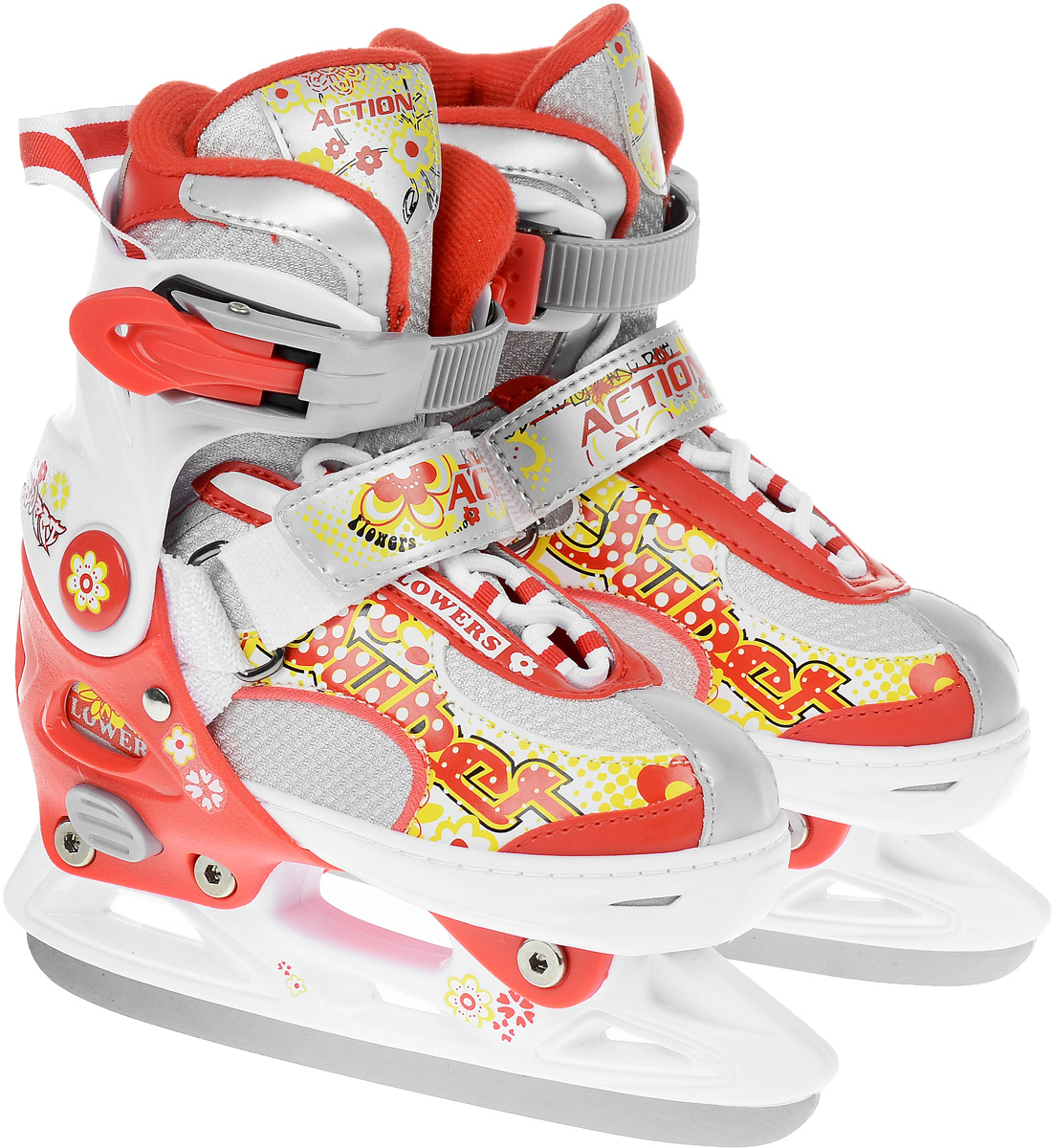 Коньки ледовые для девочки Action Sporting Goods, раздвижные, цвет: белый, красный. PW-113. Размер 33/36PW-113 Коньки ледовые для девочки Action Sporting Goods, раздвижные, цвет: белый, красный. PW-113. Размер 33/36PW-113Яркие ледовые коньки для девочки Sporting Goods с ударопрочной защитной конструкцией отлично подойдут для начинающих обучаться катанию. Ботинки изготовлены из морозостойкого пластика, который защитит ноги от ударов. Пластиковая бакля с фиксатором, хлястик на липучке и шнуровка надежно фиксируют голеностоп. Внутренний сапожок, выполненный из мягкого текстиля, обеспечит тепло и комфорт во время катания.Фигурное лезвие изготовлено из нержавеющей стали со специальным покрытием, придающим дополнительную прочность.Изделие декорировано по верху яркими изображениями. Особенностью коньков является раздвижная конструкция, которая позволяет увеличивать длину ботинка на 4 размера по мере роста ноги ребенка. У сапожка на мыске имеется специальная кнопка, которая позволит увеличить его размер. Стильные коньки придутся по душе вашей дочурке.