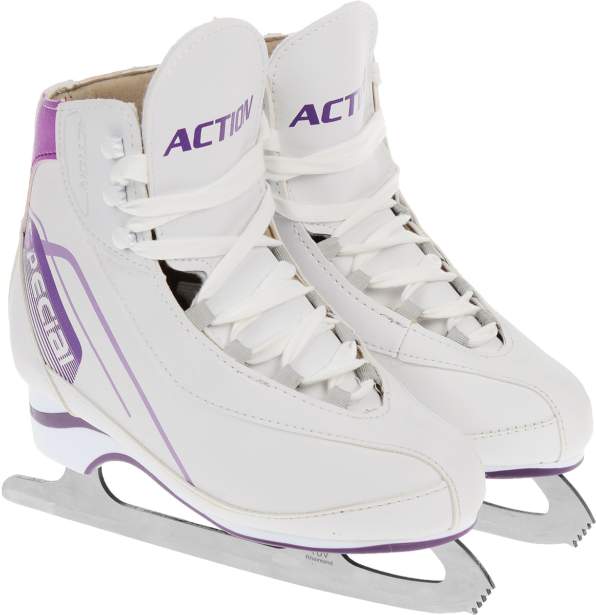 Коньки фигурные женские Action Sporting Goods, цвет: белый, фиолетовый. PW-221. Размер 38PW-221 Коньки фигурные женские Action Sporting Goods, цвет: белый, фиолетовый. PW-221. Размер 38PW-221Фигурные коньки от Sporting Goods идеально подойдут для любительского катания. Модель выполнена из современной морозоустойчивой искусственной кожи. Внутренняя поверхность и стелька исполнены из мягкого текстиля, который обеспечит тепло и комфорт во время катания. Плотная шнуровка надежно фиксирует модель на ноге. Сбоку и на язычке коньки оформлены ярким принтом. Подошва - из твердого пластика. Лезвие из нержавеющей стали со специальным покрытием, придающим дополнительную прочность, обеспечит превосходное скольжение. Особенность данной модели заключается в поддержке голеностопа и в том, что каблук визуально сливается с основной подошвой, придавая коньку изящный вид и современный дизайн.