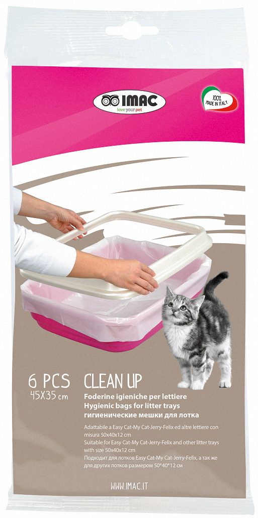 Пакеты для туалета IMAC Clean Up, 45 х 35 см, 6 шт81199B Пакеты для туалета IMAC Clean Up, 45 х 35 см, 6 шт81199BПакеты для туалета IMAC Clean Up - это быстрая и легкая уборка без проблем. Пакеты подходят для кошачьих туалетов Easy Cat, My Cat, Jerry, Felix производства Imac, а так же для других лотков размером 50 х 40 х 12 см.Гигиенические пакеты облегчат уборку кошачьего туалета, избавят вас от постоянного мытья лотка. Снимите с лотка верхнюю крышку или верхний ограничительный борт (в зависимости от его модели), наденьте пакет на нижнюю часть, выровняйте, края заверните за борта лотка.Насыпьте на дно лотка наполнитель в соответствии с инструкцией производителя наполнителя.Сверху наденьте крышку или бортик туалета.После загрязнения наполнителя просто снимите верхнюю часть туалета, удалите пакет с использованным наполнителем, а в чистый лоток положите новый пакет в той же последовательности.