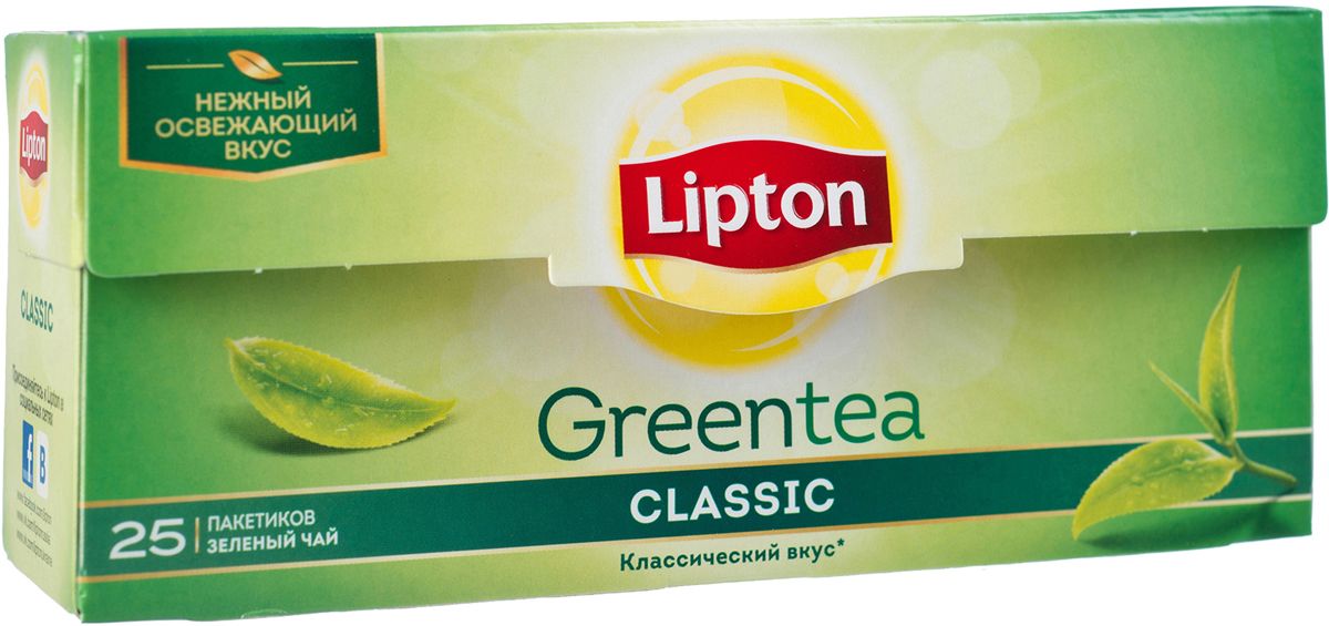 Lipton Зеленый чай Classic 25 шт21075237 Lipton Зеленый чай Classic 25 шт21075237Нежный и освежающий вкус классического зеленого чая Lipton Green Classic наполняет уравновешенностью и проясняет взгляд на окружающий мир. Молодые чайные листочки, выращенные под теплыми лучами солнца, дарят зеленому чаю Lipton нежный вкус и легкий изысканный аромат, чтобы вы могли насладиться любимым чаем.