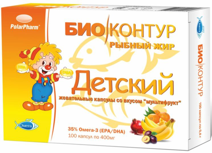 Детский рыбный жир БиоКонтур, со вкусом мультифрукт, мягкие жевательные капсулы 400 мг, №1004607097012174 Детский рыбный жир БиоКонтур, со вкусом мультифрукт, мягкие жевательные капсулы 400 мг, №1004607097012174Детский рыбный жир БиоКонтур со вкусом мультифрукт, мягкие жевательные капсулы, 400 мг №100 способствует укреплению иммунитета, способствует восстановлению организма после перенесенных заболеваний, способствует быстрому восстановлению организма после умственных и физических нагрузокСостав: жир океанических рыб, оболочка (глицерин (пластификатор), желатин, крахмал, вода, ароматизатор натуральный Мультифрукт, краситель рибофлавин), ароматизатор натуральный Мультифрукт, антиокислители (смесь токоферолов, аскорбил пальмитат)Товар не является лекарственным средством.Могут быть противопоказания и следует предварительно проконсультироваться со специалистом.
