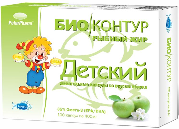 Детский рыбный жир БиоКонтур, со вкусом яблока, мягкие жевательные капсулы 400 мг, №1004607097012181 Детский рыбный жир БиоКонтур, со вкусом яблока, мягкие жевательные капсулы 400 мг, №1004607097012181Детский рыбный жир БиоКонтур со вкусом яблока, мягкие жевательные капсулы, 400 мг №100 способствует укреплению иммунитета, способствует восстановлению организма после перенесенных заболеваний, способствует быстрому восстановлению организма после умственных и физических нагрузокСостав: жир океанических рыб, оболочка (глицерин (пластификатор), желатин, крахмал, вода, ароматизатор натуральный Яблоко, краситель натуральный Хлорофилл), ароматизатор натуральный Яблоко, антиокислители (смесь токоферолов, аскорбил пальмитат).Товар не является лекарственным средством.Могут быть противопоказания и следует предварительно проконсультироваться со специалистом.