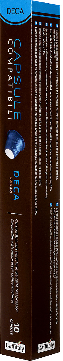 Caffitaly Deca кофе в капсулах, 10 шт8032680751332 Caffitaly Deca кофе в капсулах, 10 шт8032680751332Кофе в капсулах Caffitaly Deca специально разработан для системы Nespresso. Кофе Deca - натуральный декофеинизированный молотый кофе в капсулах. Содержит смесь арабики и робусты без кофеина с легким бархатистым вкусом и насыщенным ароматом эспрессо.Преимущества кофе: компактная упаковка; специально разработанная конструкция позволяет легко вставлять капсулу в кофемашину без каких-либо усилий, что позволяет избежать выхода машины из строя; задняя часть капсулы изготовлена из плотной фольги, таким образом, капсула всегда прокалывается, и исключается поломка режущего элемента кофемашины при прокалывании, как это бывает в капсулах с плотной пластмассовой стенкой.Капсулы хватает для приготовления 200 мг напитка.Вес одной капсулы: 5,5 г.