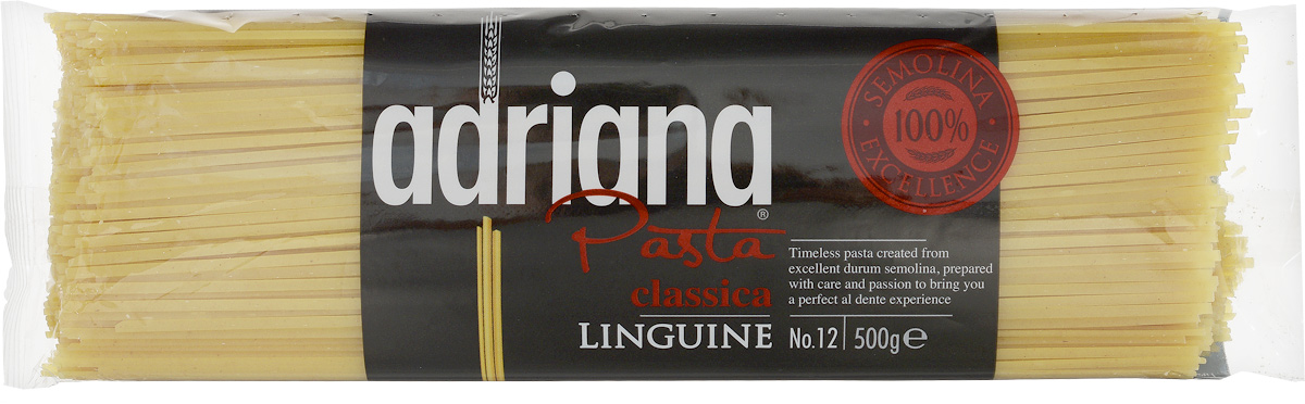 Adriana Linguine паста, 500 г15026 Adriana Linguine паста, 500 г15026Adriana - высококачественная паста из 100% семолины.Только 100% семолина или качественная мука из специальных твердых сортов пшеницы гарантирует, что паста, даже после превышения рекомендуемого времени приготовления, не разварится и не слипнется после охлаждения.Linguine внешне напоминают спагетти, только немного сплюснутые, чуть длиннее, чем спагетти. Linguine готовят как спагетти, не ломая. Эта паста достаточно крупная, чтобы подавать ее с густыми соусами. Один из самых популярных рецептов с Linguine - Linguine с морепродуктами. Linguine отлично сочетаются с традиционным соусом песто из свежего базилика, чеснока и пармезана. Но попробуйте подать их с соусом из лисичек и сливок, с тигровыми креветками и лаймом, с баклажанами, цуккини и вялеными томатами - восхищение и благодарность близких вам обеспечены.Способ приготовления: варить макаронные изделия в кипящей подсоленной воде (1 литр воды на 100 грамм макаронных изделий). Можете добавить столовую ложку растительного масла. Варить в течение 6-8 минут, постоянно помешивая. В конце приготовления попробуйте. Слейте воду и подавайте на стол.