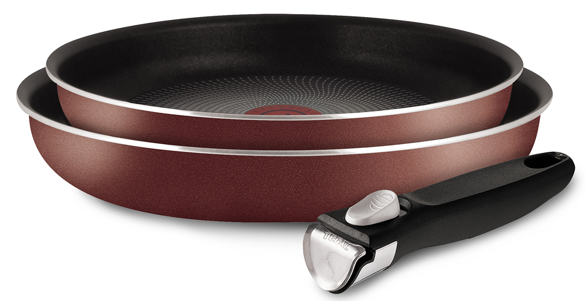 Набор сковород Tefal Ingenio, с антипригарным покрытием, цвет: красный, 3 предмета. 41548204154820 Набор сковород Tefal Ingenio, с антипригарным покрытием, цвет: красный, 3 предмета. 41548204154820Набор Tefal Ingenio состоит из двух сковород и съемной ручки. Посуда изготовлена из алюминия с антипригарным покрытием Powerglide, которое благодаря усовершенствованному верхнему слою обеспечивает отличные антипригарные свойства и износостойкость даже при длительном использовании. Элегантную и практичную ручку Ingenio, выполненную из бакелита, вы сможете отсоединить одним движением. Благодаря съемной ручке посуда легко и просто вкладывается друг в друга по принципу матрешки и хранится, занимая минимум места. Готовое блюдо можно не перекладывать в другую посуду, поскольку данный набор подходит и для сервировки стола. Благодаря специальной технологии Durabase устойчивое к деформации многослойное дно Diffusal обеспечивает оптимальное распределение тепла и равномерное приготовление пищи. Вся посуда Tefal имеет уникальный индикатор нагрева Thermo-Spot. Если индикатор стал равномерно красным, то дно достигло оптимальной для приготовления температуры. Можно использовать на всех видах плит, кроме индукционных. Можно мыть в посудомоечной машине. Можно использовать посуду в духовке с максимальной температурой нагрева 250°C (без ручки), ставить ее в холодильник или мыть в посудомоечной машине.Диаметр сковород: 24 см, 28 см.Длина съемной ручки: 18 см.