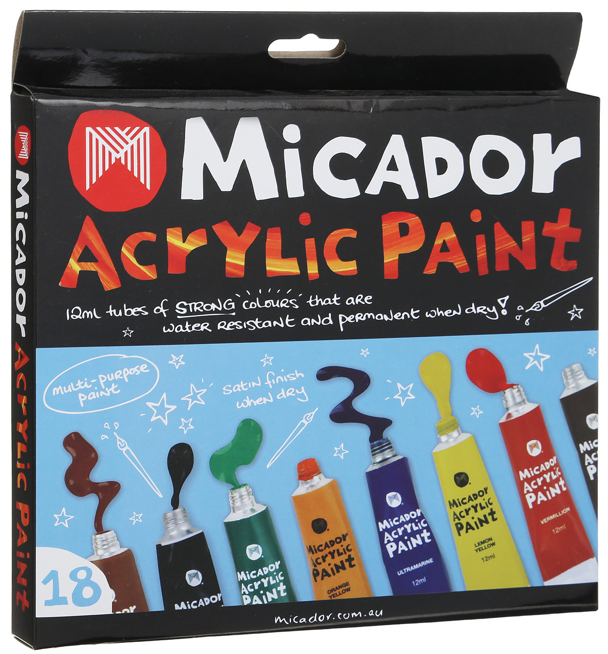 Micador Краски акриловые 18 цветовPTMA18 Micador Краски акриловые 18 цветовPTMA18Уникальные акриловые краски Micador очень легко смешиваются, что позволяет получать большую палитру цветов. Они также отлично смываются в теплой мыльной воде, что обязательно оценят родители.Благодаря краскам с высокой пигментацией, рисунки даже после высыхания остаются яркими. Не содержат токсичных веществ и полностью безопасны для детей. Отличительная особенность красок: при нанесении в 1 слой, краски полупрозрачные и напоминают акварель, при нанесении в несколько слоев появляется глянцевый эффект и краски похожи на масляные.Рисование развивает творческие способности, воображение, логику, память, мышление.Пусть мир вашего ребенка будет ярким и безопасным!
