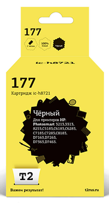 T2 IC-H8721 картридж с чипом для HP Photosmart 3213/8253/C5183/C6183/D7163/D7463 (№177), BlackIC-H8721 T2 IC-H8721 картридж с чипом для HP Photosmart 3213/8253/C5183/C6183/D7163/D7463 (№177), BlackIC-H8721Картридж T2 IC-H8721 с черными чернилами для струйных принтеров и МФУ HP. Картридж собран из качественных комплектующих и протестирован по стандарту ISO.