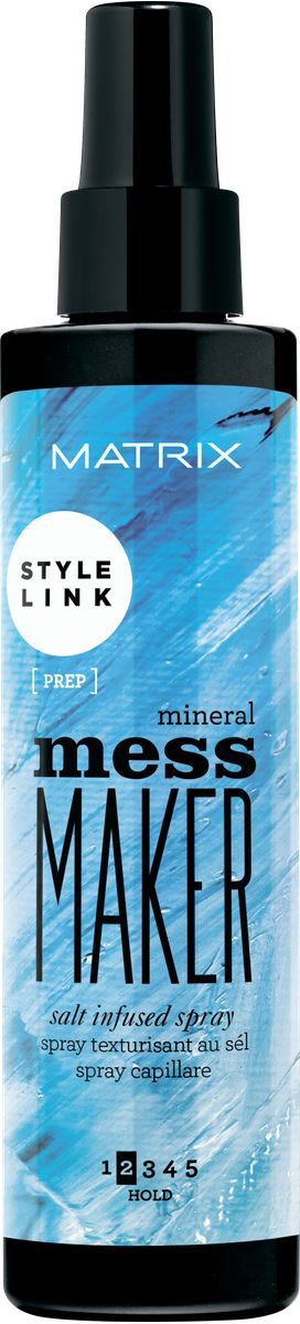 Matrix Style Link Обогащенный солью спрей Mineral Mess Maker, 200 млP1204600 Matrix Style Link Обогащенный солью спрей Mineral Mess Maker, 200 млP1204600Обогащенный солью спрей Mess Maker (Мэсс Мэйкер). Путь к созданию приятных на ощупь пляжных волн. Обогащенный микро солями спрей мягко структурирует укладку, не склеивает волосы. Небрежный образ легко!