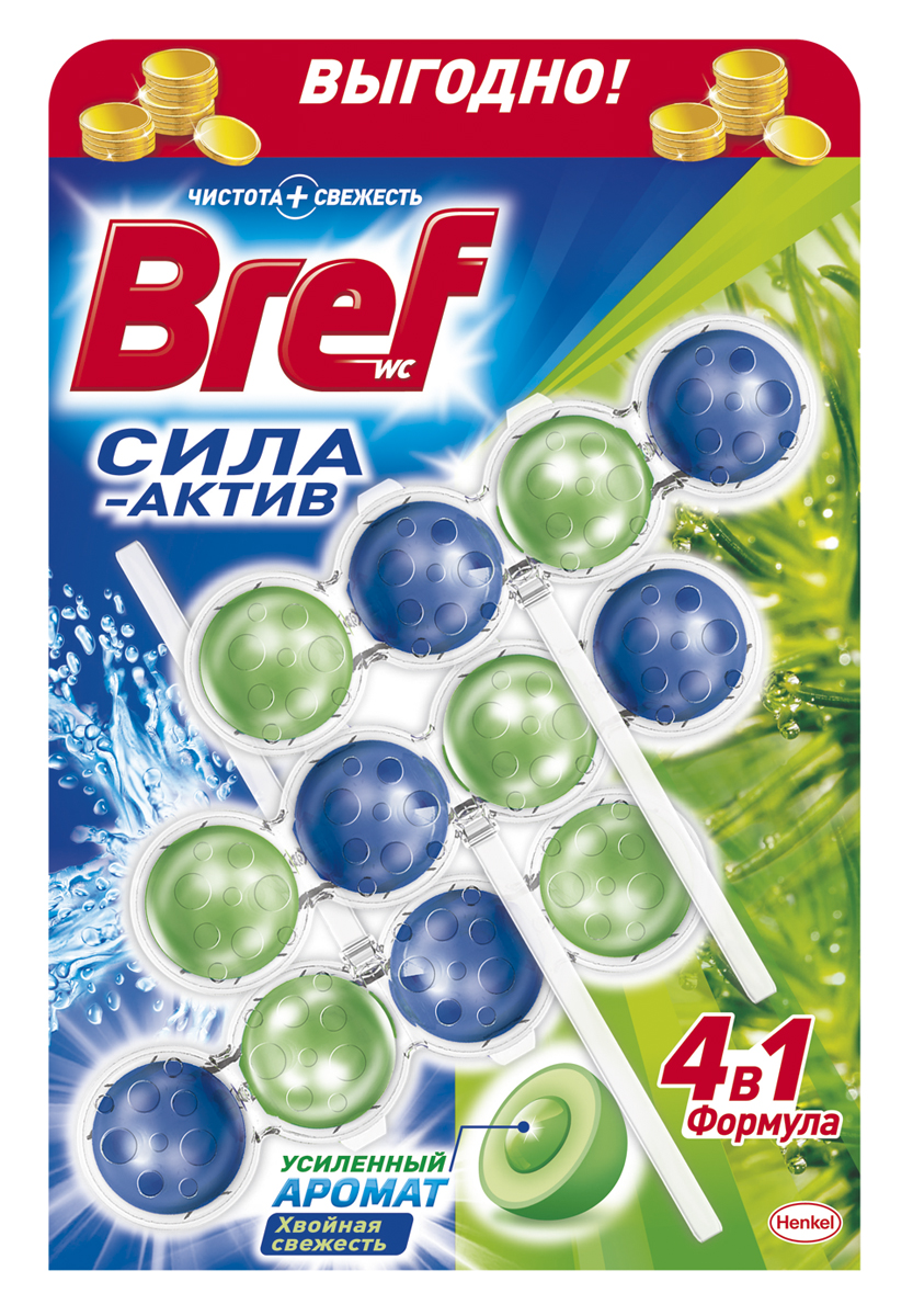Чистящее средство для унитаза Bref Сила-Актив Хвойная свежесть 3х50г935255 Чистящее средство для унитаза Bref Сила-Актив Хвойная свежесть 3х50г935255Чистящее средство для унитаза Bref Сила-Актив Хвойная свежесть - это подвесной туалетный блок с формулой 4 в 1, который обеспечивает:1. Гигиеническую чистоту2. Защиту от известкового налета3. Свежесть хвои4. Обильную пену Тройная упаковка Bref Сила-Актив - выгодное предложение! Освободите корзинку от упаковки. Повесьте Bref Сила-Актив под ободок Вашего унитаза.Состав: >30% анионные ПАВ; 5-15% неионогенные ПАВ; Товар сертифицирован.