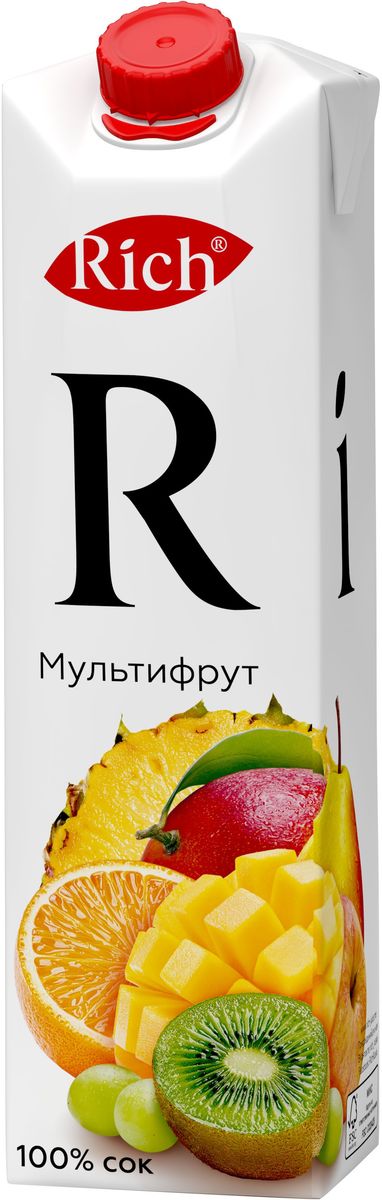 Rich Мультифруктовый сок, 1 л979803 Rich Мультифруктовый сок, 1 л979803Освежите свой день экзотическими фруктами, которыми наполнен сок Rich Мультифрут, открывая для себя новые грани вкуса.Строгий отбор сочных и свежих фруктов, постоянный контроль производства и готовой продукции - составляющие безупречного качества соков и нектаров Rich, высокие стандарты которого всегда соблюдались с момента запуска на российском рынке.Но что действительно отличает продукцию под маркой Rich - это изысканный, многогранный вкус, рождающийся благодаря сочетанию разных сортов одного фрукта в соках и нектарах.