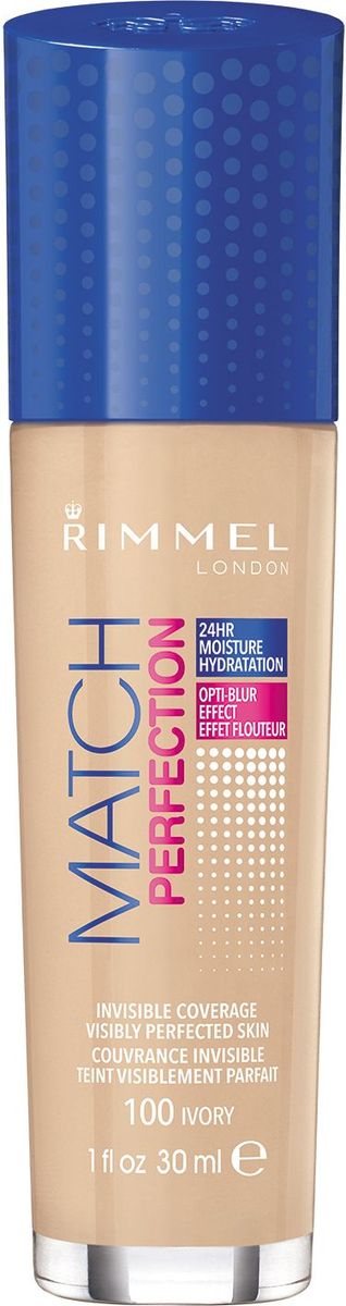 Rimmel Тональный крем Match Perfection, тон № 100, 30 мл34778804100 Rimmel Тональный крем Match Perfection, тон № 100, 30 мл34778804100Сливается с тоном и скрывает несовершенства кожи, благодаря эффекту мягкого фокуса. Содержит голубые сапфировые пигменты для естественного и свежего цвета и увлажняющий комплекс с витамином Е для свежей и увлажненной кожи до 24 часов. Легкая текстура крема дарит коже ощущение комфорта, создает безупречное незаметное покрытие. Не содержит масел. Рекомендовано для всех типов кожи. Увлажнение и защита до 24 часов. SPF 20.