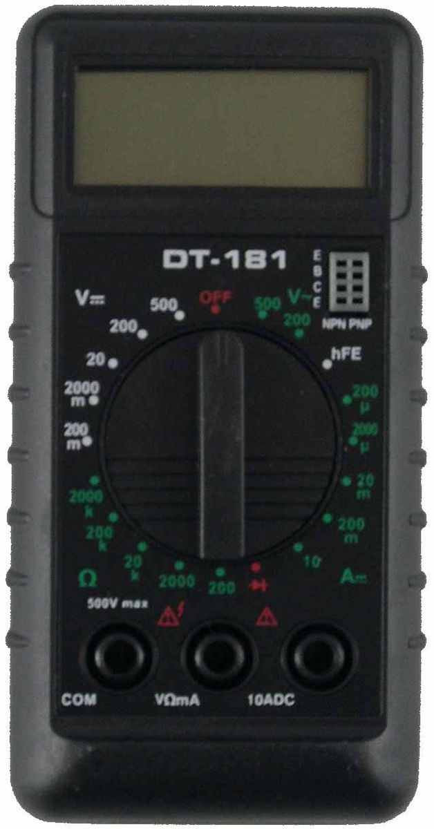 Мультиметр портативный Ресанта DT 18161/10/511 Мультиметр портативный Ресанта DT 18161/10/511Портативный цифровой мультиметр Ресанта DT - широкий функционал в миниатюре.Встроенная защита от перегрузок и перенапряжения, индикатор перегрузки гарантируют устройству долгий и продуктивный срок эксплуатации и безопасность при использовании. Очень маленькие размеры и вес, благодаря которым тестер свободно умещается в кармане и в руке человека.Невысокая базовая погрешность (постоянное напряжение) - 1%, и высокая чувствительность (100 мкВ). Возможность измерения постоянного и переменного напряжения (U), силы постоянного тока (A) и сопротивления (R), а также проверки диодов и коэффициента усиления транзисторов.В комплекте с устройством поставляются щупы и техническая документация.20-позиционный переключатель режимов работы и пределов; высокая чувствительность – 100 мкВ; автоматическая индикация перегрузки – 1; автоматическое определение полярности постоянного тока или напряжения; все пределы защищены от перегрузок. Постоянное напряжение - 200 м-2-20-200-1000 В DCV Погрешность ±0,8% Переменное напряжение - 200-750 В Погрешность ±1,5% Постоянный ток - 200-2000 мк-20 м- 200 мк-10 А DCA Погрешность ±1,2% Сопротивление - 200-2000-20 к- 2500 к-2000 кОм Погрешность ±1.0% Проверка диодов - 3 В/0,8 мВ Усиление транзистора - 0-1000 hFE