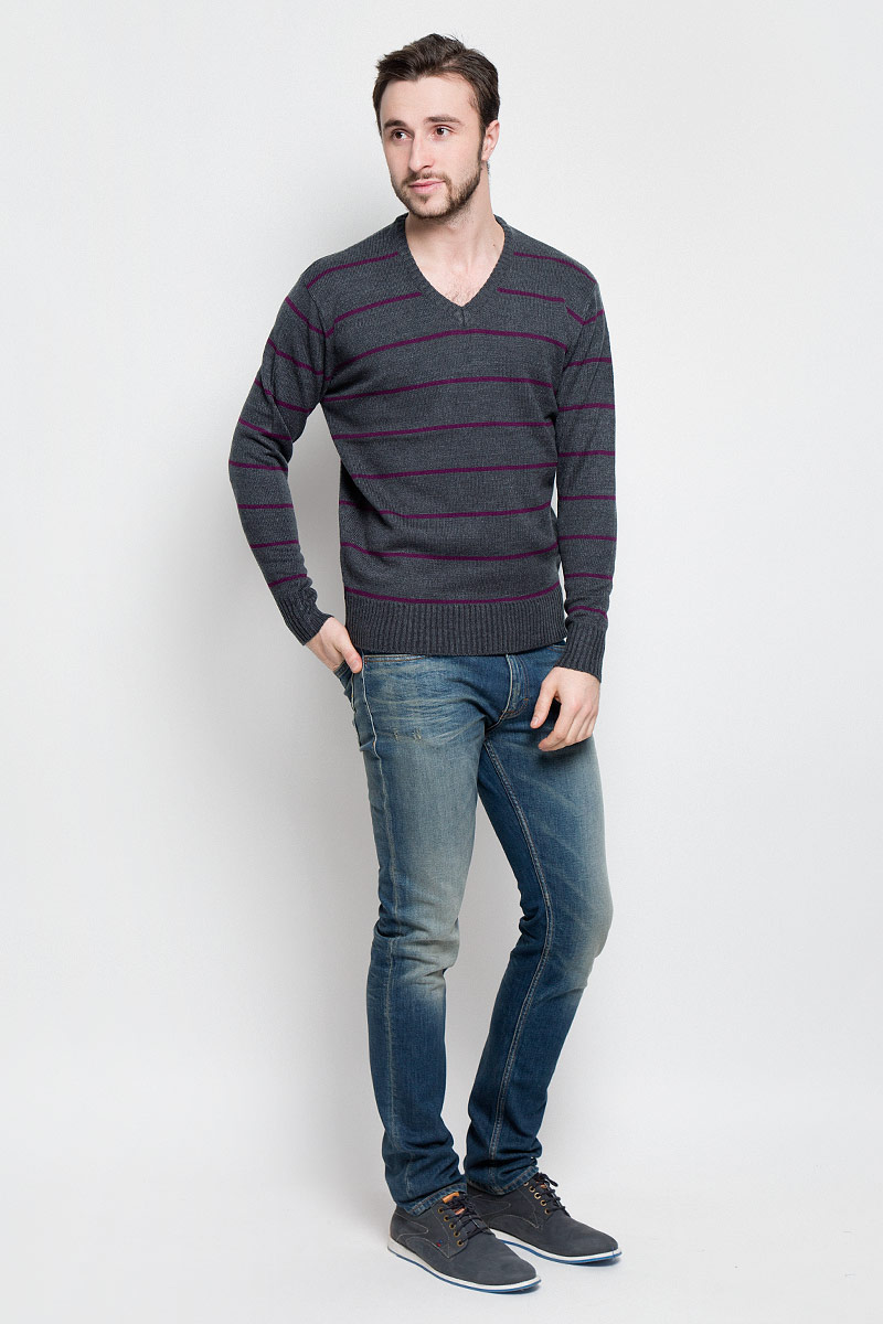 Джемпер мужской D&H Basic, цвет: серый, фиолетовый. А6000913. Размер S (48)