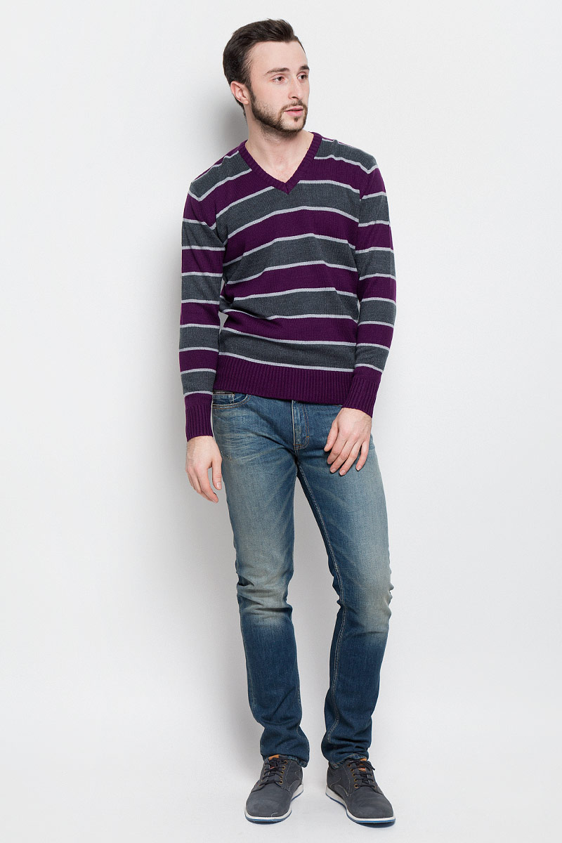 Джемпер мужской D&H Basic, цвет: серый, фиолетовый. А600131817. Размер S (48)