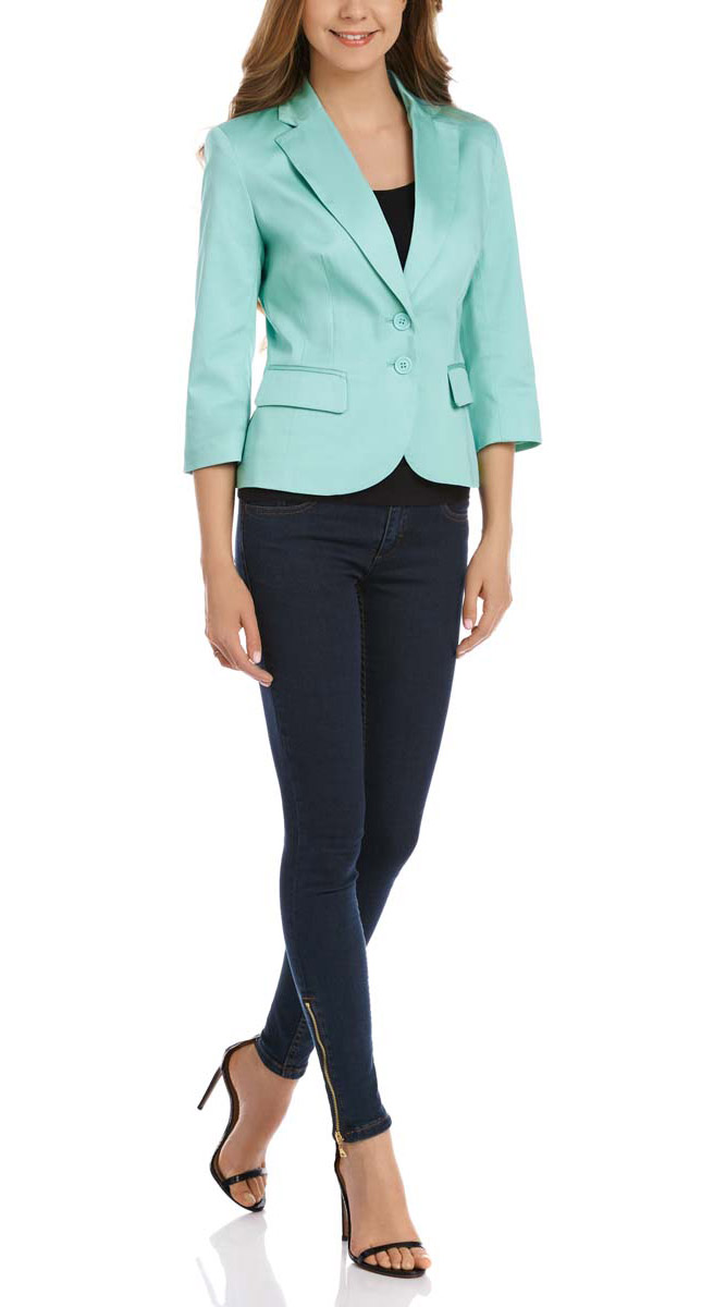 Жакет женский oodji Collection, цвет: бирюзовый. 21203085-1B/14522/7300N. Размер 44-170 (50-170)21203085-1B/14522/7300N Жакет женский oodji Collection, цвет: бирюзовый. 21203085-1B/14522/7300N. Размер 44-170 (50-170)21203085-1B/14522/7300NЖакет женский oodji Collection исполнен из плотной высококачественной ткани. Большое содержание хлопка в составе обеспечивает приятную носку и воздухопроницаемость изделия.Жакет имеет длинный воротник с лацканами, классический рукав 3/4, поролоновые плечики и шлицу сзади на подоле. Застегивается спереди на две пуговицы.