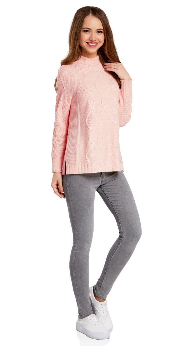 Джемпер женский oodji Collection, цвет: светло-розовый. 73807621/18941/4000N. Размер XL (50)73807621/18941/4000N Джемпер женский oodji Collection, цвет: светло-розовый. 73807621/18941/4000N. Размер XL (50)73807621/18941/4000NДжемпер женский oodji Collection оформлен фактурной вязкой из плотной нити. Изделие имеет длинные рукава-реглан и воротник-гольф, прикрывающий шею.