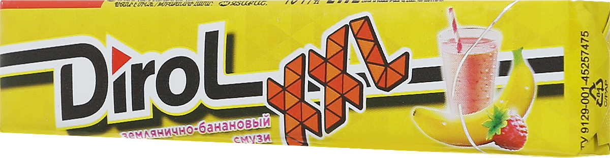 Dirol Землянично-банановый смузи жевательная резинка без сахара, 19 г4001254, 4028476 Dirol Землянично-банановый смузи жевательная резинка без сахара, 19 г4001254, 4028476Diro XXL Землянично-банановый смузи - это жевательная резинка для молодых и активных людей, которая не только освежает дыхание и мысли, но и придает уверенности в себе, наполняет жизнь позитивом, яркими эмоциями и впечатлениями. Какую бы жевательную резинку Dirol вы ни выбрали, ее невероятно сочный и восхитительно долгий вкус подарит вам улыбку, яркие эмоции, вдохновит на свежие идеи. Широкий ассортимент фруктовых и мятных вкусов Dirol позволяет каждому найти жевательную резинку по вкусу.Общеизвестно, что древние греки использовали смолу мастичного дерева или пчелиный воск, чтобы освежить дыхание и очистить зубы от остатков еды. Племена Майя наслаждались жеванием каучука. На севере Америки индейцы наслаждались подобием жевательной резинки - смолы хвойных деревьев, предварительно выпаренной на костре. В Сибири пользовалась популярностью «сибирская смолка», с её помощью чистили зубы и укрепляли десны. В Европе зарождение жевательной «культуры» обозначено в 16 веке благодаря завезенному из Вест-Индии табаку. Затем «жвачка» появилась в Соединенных Штатах. Вплоть до 19 века попытки внедрить воск, парафин вместо жевательного табака терпели крах. Содержит источник фенилаланина. При чрезмерном употреблении может оказывать слабительное действие.Уважаемые клиенты! Обращаем ваше внимание, что полный перечень состава продукта представлен на дополнительном изображении.
