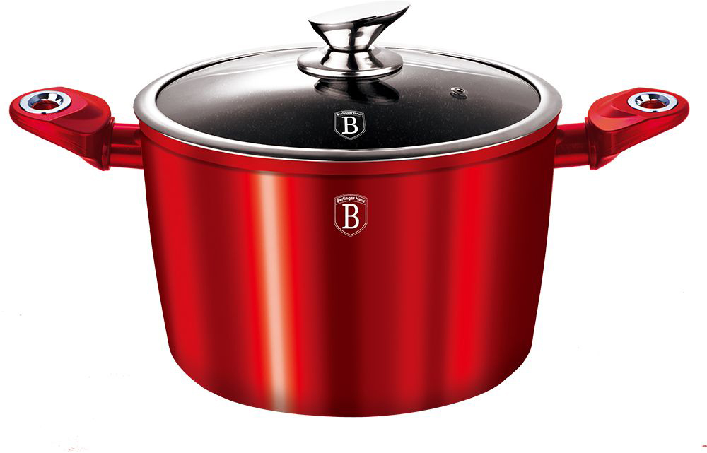 Кастрюля Berlinger Haus Metallic Line с крышкой, с мраморным покрытием, цвет: красный, 7,2 л1270-ВН Кастрюля Berlinger Haus Metallic Line с крышкой, с мраморным покрытием, цвет: красный, 7,2 л1270-ВНКастрюля Berlinger Haus Metallic Line изготовлена из кованого алюминия с высококачественным внутренним мраморным покрытием в 3 слоя. Такое покрытие предотвращает пригорание пищи и ее прилипание к стенкам. Оно абсолютно безопасно для здоровья и не выделяет вредных веществ во время готовки. Внешнее покрытие имеет цвет металла. Специальное индукционное дно TURBO INDUCTION экономит 35% энергии. Тепло распределяется равномерно по всей поверхности посуды, что позволяет пище готовиться быстрее. Кастрюля оснащена эргономичными ручками с покрытием soft-touch. Такие ручки не нагреваются в процессе приготовления пищи и не дают вашим рукам обжечься. Крышка выполнена из жаростойкого стекла, снабжена ободом и ручкой из нержавеющей стали, а также отверстием для выпуска пара. Посуда подходит для газовых, электрических, стеклокерамических, галогенных, индукционных плит. Можно мыть в посудомоечной машине.