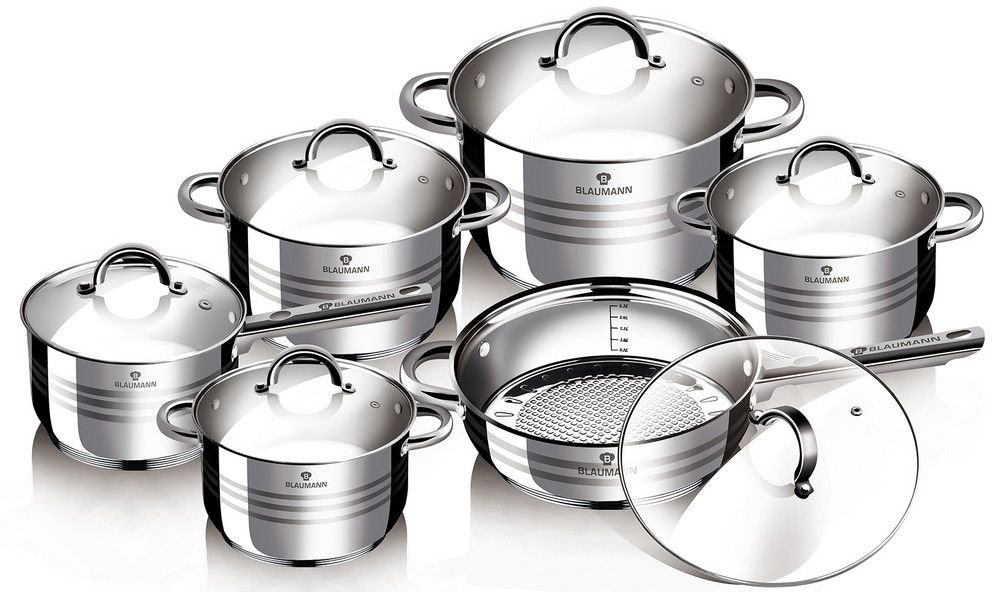 Набор посуды Blaumann Gourmet Line, 12 предметов. 1410-ВL1410-ВL Набор посуды Blaumann Gourmet Line, 12 предметов. 1410-ВL1410-ВLНабор посуды с крышками 12пр., материал: нержавеющая стальВключают в себя: 1 шт кастрюля 16?10,5 см, 2,1 л1 шт кастрюля 16?10,5 см, 2,1 л1 шт кастрюля 18?11,5 см, 2,9 л1 шт кастрюля 20?12,5 см, 3,9 л1 шт сотейник 24?14,5 см, 6,5 л1 шт сковорода 24?7,5 смУпаковка: коробка
