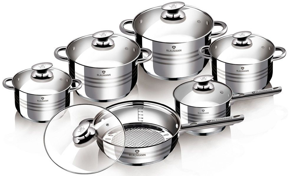 Набор посуды Blaumann Gourmet Line, 12 предметов. 3135-ВL3135-ВL Набор посуды Blaumann Gourmet Line, 12 предметов. 3135-ВL3135-ВLНабор посуды 12 пр, материал: нержавеющая стальВключают в себя: Кастрюля с крышкой 24x14,5 см, 6,5лКастрюля с крышкой 20х12,5 см, 3,9лКастрюля с крышкой 18x11,5 см, 2,9лКастрюля с крышкой 16x10,5 см ,2,1лКовш с крышкой 16x10,5 см, 2,1лСковорода с крышкой 24х7,5 см Упаковка: коробка