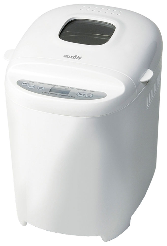 Smile ВМ 1194 хлебопечкаВМ 1194 Smile ВМ 1194 хлебопечкаВМ 1194Хлебопечка Smile BM 1194 оснащена одиннадцатью автоматическими программами, которые позволят весьма просто приготовить нужный вам вид хлеба. В печке можно сделать порядка семисот грамм готового продукта. В данной модели можно даже выбрать цвет корочки на готовой выпечке. Функция отложенного старта поможет не забыть, что вы собирались испечь хлеб, а функция поддержки тепла позволит обеспечить горячую выпечку ребенку, пришедшему из школы. Устройство оснащено съемной формой для выпечки, которую удобно мыть, электронной панелью управления и легким пластиковым корпусом. Крышка со специальным смотровым окошком поможет видеть все стадии готовки хлеба.