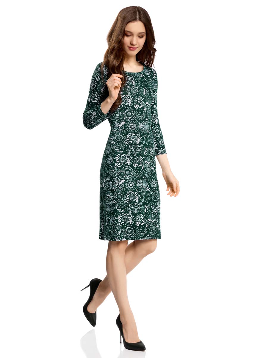 Платье oodji Collection, цвет: темно-зеленый, белый. 24001070-5/15640/6910F. Размер XL (50)24001070-5/15640/6910F Платье oodji Collection, цвет: темно-зеленый, белый. 24001070-5/15640/6910F. Размер XL (50)24001070-5/15640/6910FПлатье oodji Collection исполнено из мягкой облегающей ткани. Имеет вырез-капельку на спинке, застегивающийся на пуговицу, и рукава 7/8. Изделие плотно садится по фигуре.