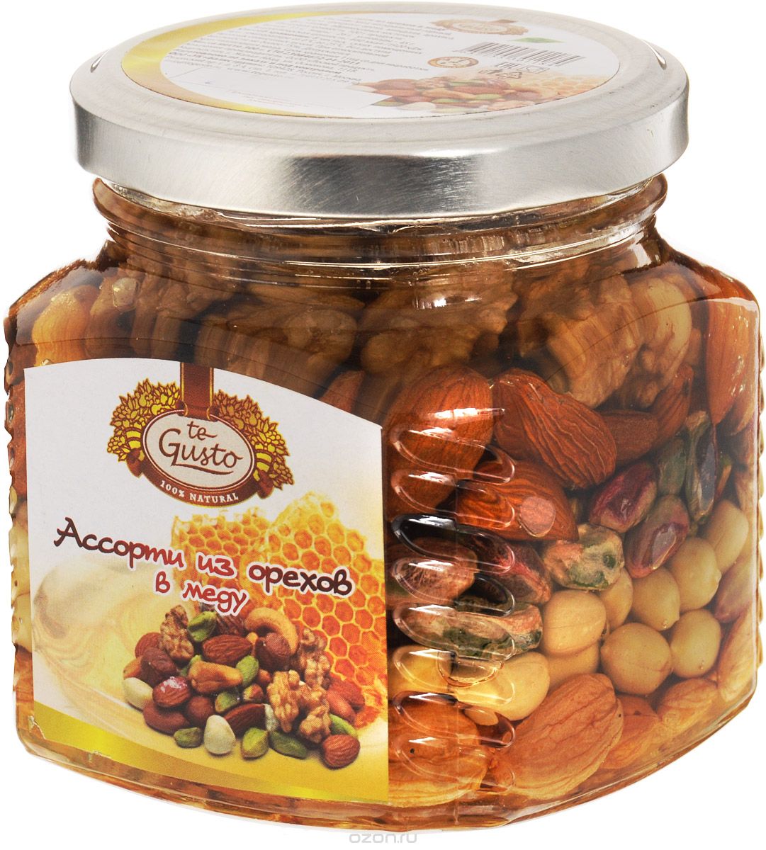 te Gusto Ассорти из орехов в меду, 300 г4657155301184 te Gusto Ассорти из орехов в меду, 300 г4657155301184Виды орехов, содержащиеся в этом ассорти, содержат витамины А, Е и группы В, а также целый набор микроэлементов, что снижает риск возникновения слабоумия и инфаркта.Миндаль советуют при гипертонии, опухолях, болезнях глаз, язвах и изжоге. При заболеваниях желудочно-кишечного тракта и почек рекомендуется есть миндальные орехи, запивая их горячим молоком.Арахис способствует обновлению клеток, улучшает память и внимание, а содержащиеся в нем жиры оказывают легкое желчегонное действие, полезен при гастритах.Фисташки рекомендуются при заболеваниях печени, тошноте, желтухе, в качестве профилактики проблем с сердцем.Грецкий орех укрепляет мышцы и быстро снимает усталость после физической нагрузки, он незаменим в сезон простуд и полезен людям с пониженным иммунитетом.