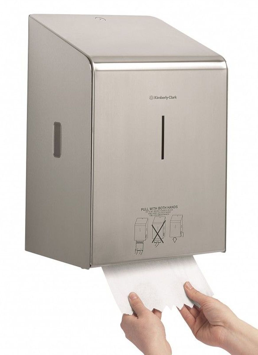 Диспенсер для бумажных полотенец Kimberly-Clark Professional, рулон. 89768976 Диспенсер для бумажных полотенец Kimberly-Clark Professional, рулон. 89768976Ассортимент диспенсеров для рулонных бумажных полотенец для рук с выдачей по одному листу из премиальной линейки металлических диспенсеров для туалетных комнат Kimberly-Clark Professional. Диспенсеры мотивируют сотрудников соблюдать гигиенические нормы, повышают уровень комфорта, демонстрируют заботу о персонале и помогают сократить расходы. Идеальное решение, обеспечивающее подачу по одному листу полотенец для рук с зигзагообразным срезом, добавляет элемент роскоши в интерьер туалетных комнат, может использоваться в туалетных комнатах офисов и гостиниц с высокими требованиями к интерьеру, обеспечивает экономию средств и отличается простотой обслуживания.Диспенсер имеет окно для контроля за остатком расходного материала, выполнен из 2мм нержавеющей стали с обработанными краями для большей безопасности при заправке расходных материалов. Может запираться на ключ. Длина листа - 30 см.Формат поставки: элегантный диспенсер; надежное крепление, корпус выполнен из нержавеющей стали.