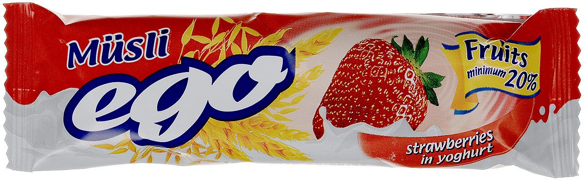 Ego Батончик мюсли со вкусом Клубника в йогурте, 25 г4607061252551 Ego Батончик мюсли со вкусом Клубника в йогурте, 25 г4607061252551Батончики мюсли Ego - это новое поколение диетических продуктов, концентрированный набор крупноволокнистой пищи, витаминов и микроэлементов. Они изготавливаются из пшеничных и овсяных хлопьев, экструдированной кукурузы и риса, различных фруктов, семян подсолнечника, орехов и мальтозного сиропа. Прекрасно подходят для диетического питания.Уважаемые клиенты! Обращаем ваше внимание, что полный перечень состава продукта представлен на дополнительном изображении.