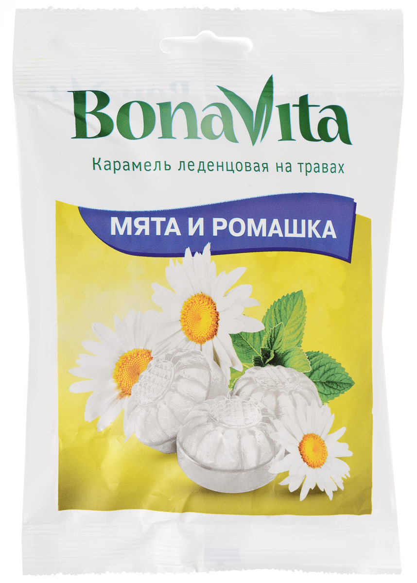 Bona Vita Карамель леденцовая Мята и ромашка на травах, 60 г4607061252902 Bona Vita Карамель леденцовая Мята и ромашка на травах, 60 г4607061252902В состав леденцовой карамели вошли масла перечной и кудрявой мяты, а также эфирное масло ромашки. О свойствах ромашки стало известно уже несколько тысяч лет назад, ромашку использовали как сильное антисептическое средство. Она обладает бактерицидными, противовоспалительными, тонизирующими и болеутоляющими свойствами. Почувствуйте баланс вкуса и пользы природных масел в леденцовой карамели Bona Vita.Уважаемые клиенты! Обращаем ваше внимание, что полный перечень состава продукта представлен на дополнительном изображении.