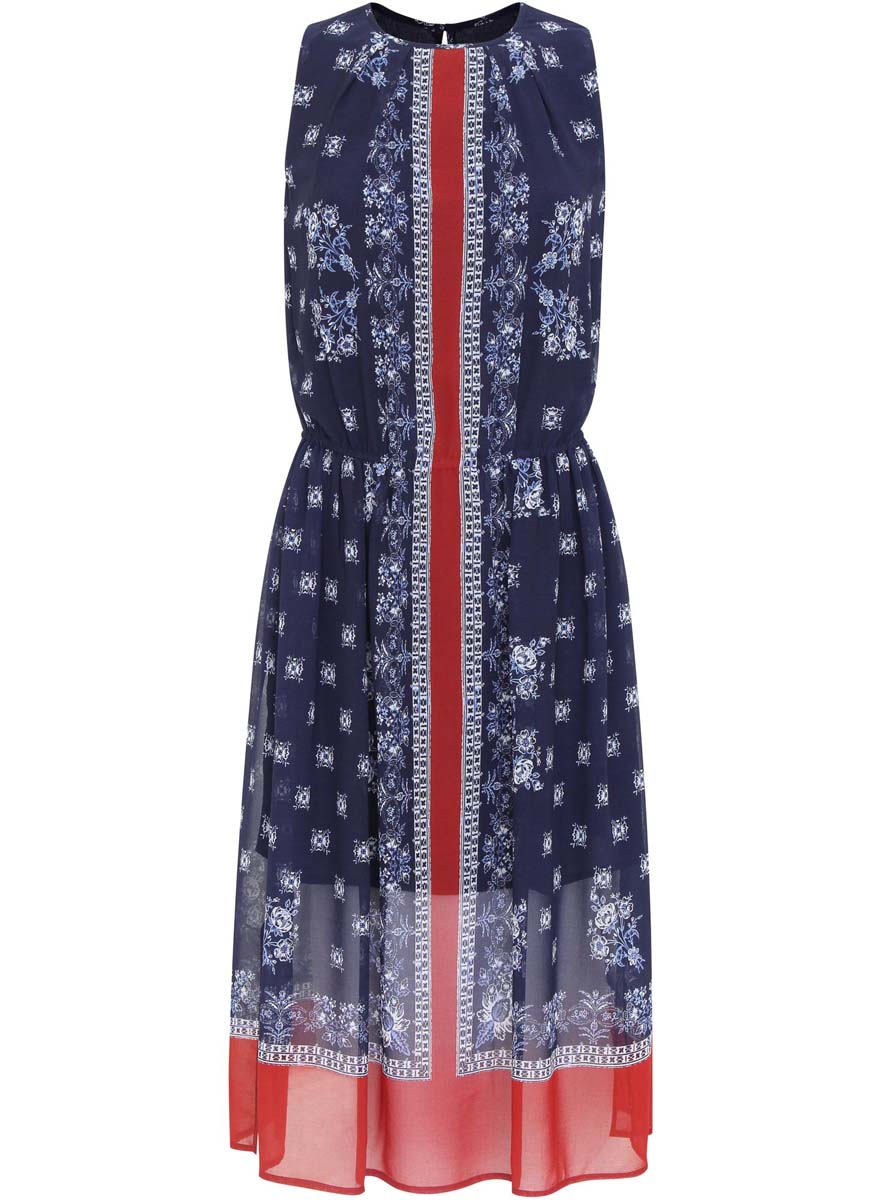 Платье oodji Collection, цвет: темно-синий, терракотовый, белый. 21900320/42840/7931E. Размер 40-170 (46-170)21900320/42840/7931E Платье oodji Collection, цвет: темно-синий, терракотовый, белый. 21900320/42840/7931E. Размер 40-170 (46-170)21900320/42840/7931EПлатье oodji Collection изготовлено из качественного полиэстера. Модель с круглым вырезом и без рукавов застегивается сзади на пуговицу. На талии ткань собрана на внутреннюю резинку, по бокам имеются разрезы. Шифоновое платье оформлено оригинальным платочным рисунком. Модель дополнена подкладкой.