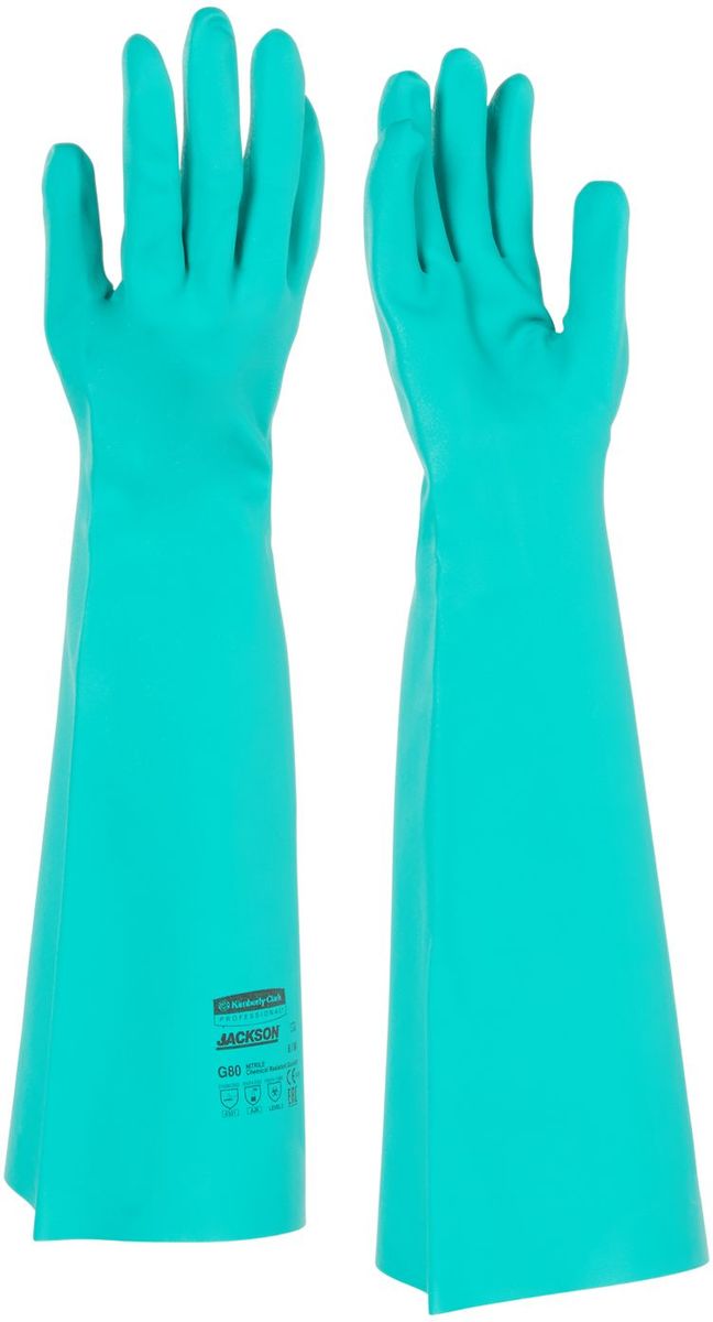 Перчатки хозяйственные Jackson Safety G80, размер 10 (XL), цвет: зеленый, 12 пар25624 Перчатки хозяйственные Jackson Safety G80, размер 10 (XL), цвет: зеленый, 12 пар25624Ассортимент перчаток для защиты рук от химических веществ и механических воздействий - повышают безопасность работ и сокращают затраты. Удлиненные до 45 см перчатки являются СИЗ категории III (CE Complex), применяются в различных отраслях промышленности: нефтехимической, авиационной, автомобильной, металлообрабатывающей, пищевой, а также в машиностроении, для работы с химическими веществами, маслами, смазками, спиртами, кислотами, растворителями, обеспечивая возможность погружения руки в перчатке в химические жидкости. Обладают высокой стойкостью к истиранию (4 - EN 388). Отсутствие внутренней подкладки обеспечивает защиту продукта от загрязнений. Допустимы к применению в пищевой промышленности.Формат поставки: 12 пар не содержащих латекс перчаток; индивидуальный дизайн для левой и правой руки; специальный рельеф наконечников пальцев обеспечивает отличный захват в сухом и влажном состоянии; флокированный внутренний слой облегчает надевание и повышает комфорт при длительном ношении.Размеры:25622 - 8 (M)25623 - 9 (L)25624 - 10 (XL)25625 - 11 (XXL)