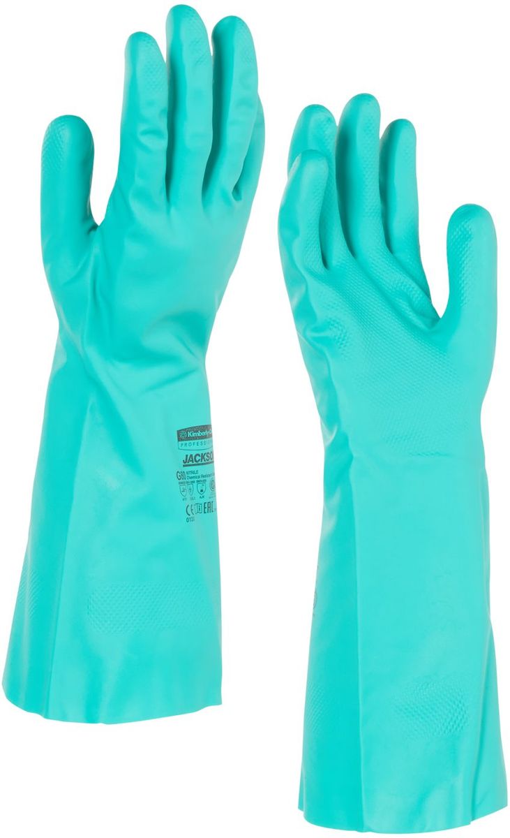 Перчатки хозяйственные Jackson Safety G80, размер 8 (M), цвет: зеленый, 60 пар94446 Перчатки хозяйственные Jackson Safety G80, размер 8 (M), цвет: зеленый, 60 пар94446Ассортимент перчаток для защиты рук от химических веществ и механических воздействий - повышают безопасность работ и сокращают затраты. Нитриловые перчатки длиной 33 см являются СИЗ категории III (CE Complex), применяются в различных отраслях промышленности: нефтехимической, авиационной, автомобильной, металлообрабатывающей, пищевой, а также в машиностроении, - для работы с химическими веществами, маслами, смазками, спиртами, кислотами, растворителями, обеспечивая возможность погружения руки в перчатке в химические жидкости. Обладают высокой стойкостью к истиранию (4 - EN 388). Внутренняя сторона перчатки обработана специальным хлопковым напылением, которое позволяет легко надевать и снимать перчатки. Допустимы к применению в пищевой промышленности.Формат поставки: пара не содержащих латекс перчаток; индивидуальный дизайн для левой и правой руки; специальный рельеф наконечников пальцев обеспечивает отличный захват в сухом и влажном состоянии; флокированный внутренний слой облегчает надевание и повышает комфорт при длительном ношении.Размеры:94445 - 7 (S)94446 - 8 (M)94447 - 9 (L)94448 - 10 (XL)94449 - 11 (XXL)