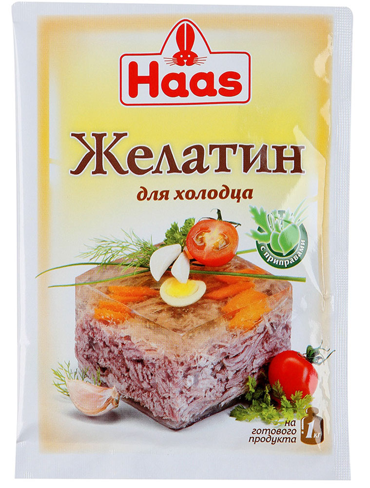 Haas желатин с приправами для холодца, 25 г23508-P Haas желатин с приправами для холодца, 25 г23508-PЖелатин с приправами обеспечивает блюду сбалансированный вкус и простоту в приготовлении. Холодец больше не требует длительной варки. Сварите мясо, добавьте желатин для холодца, поставьте застывать.