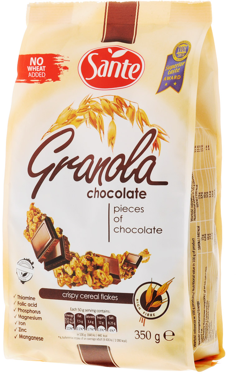 Sante Granola хрустящие злаковые хлопья с шоколадом, 350 г5900617002983 Sante Granola хрустящие злаковые хлопья с шоколадом, 350 г5900617002983Granola Sante - продукт, приготовленный из натуральных ингредиентов, без консервантов и искусственных красителей. Обычный сахар и соль заменяются тростниковым сахаром и гималайской солью. Granola содержит цельнозерновые злаки, сохраняя их ценные и полезные ингредиенты - витамины группы B, растительный белок и минералы - фосфор, медь и марганец. Granola является богатым источником клетчатки.Уважаемые клиенты! Обращаем ваше внимание, что полный перечень состава продукта представлен на дополнительном изображении.