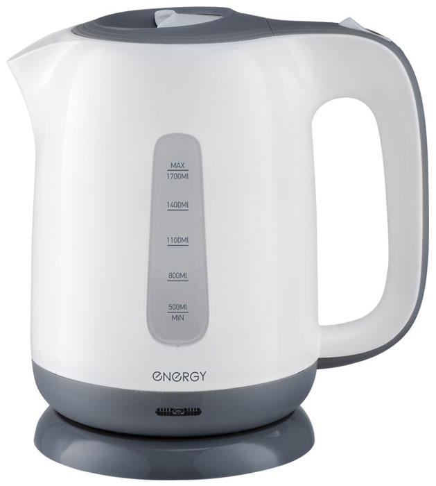 Energy E-274, White Gray электрический чайник54 164078 Energy E-274, White Gray электрический чайник54 164078Электрический чайник Energy E-274 прост в управлении и долговечен в использовании. Изготовлен из высококачественных материалов. Прозрачное окошко позволяет определить уровень воды. Мощность 2200 Вт вскипятит 1,7 литра воды в считанные минуты. Беспроводное соединение позволяет вращать чайник на подставке на 360°. Для обеспечения безопасности при повседневном использовании предусмотрены функция автовыключения, а также защита от включения при отсутствии воды.