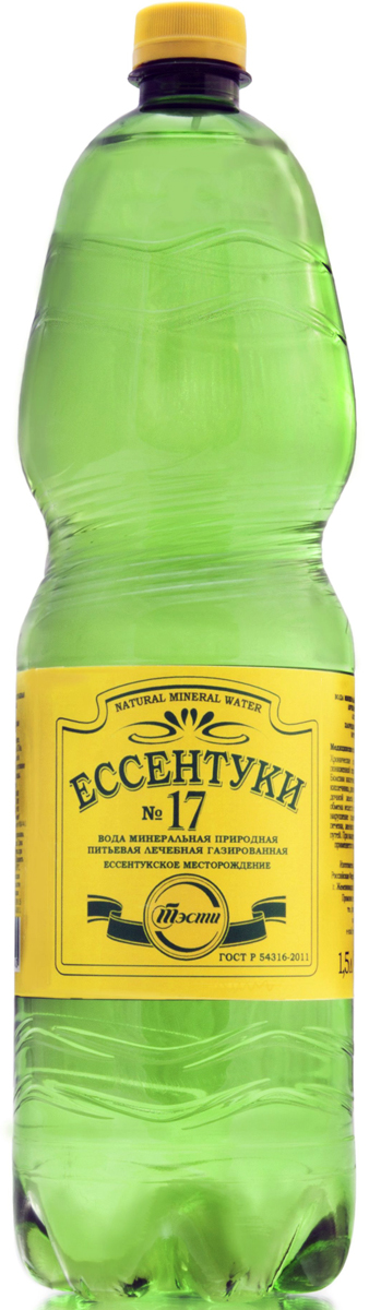 Ессентуки №17 вода минеральная природная лечебно-столовая, 1,5 л0075000007114 Ессентуки №17 вода минеральная природная лечебно-столовая, 1,5 л0075000007114Вода минеральная лечебно - столовая Ессентуки №17, природная высокоминерализованная. Скважина №47 Нагутское месторождение. Лечебная газированная хлоридно-гидрокарбонатная натриевая борная. Показания к применению: хронический гастрит с нормальной и пониженной секреторными функциями желудка, хронические колиты и энтероколиты, хронические заболевания печени и желчевыводящих путей, болезни обмена веществ. При указанных заболеваниях вода применяется только вне фазы обострения.