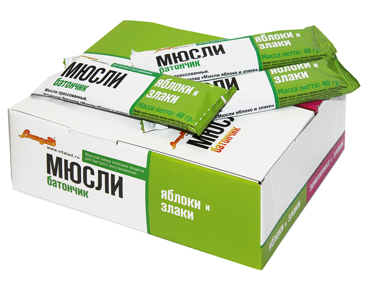 Виталад Яблоко и злаки мюсли батончик, 24 шт по 40 г4601772001972 Виталад Яблоко и злаки мюсли батончик, 24 шт по 40 г4601772001972Натуральный продукт в составе пшеничные, овсяные, ржаные, ячменные, рисовые шарики, изюм, ананас, фруктоза (фруктовый сахар).
