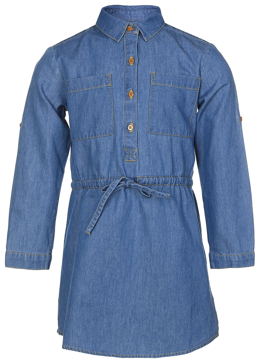 Платье для девочки Button Blue, цвет: темно-голубой. 216BBGC2501D200. Размер 98, 3 года216BBGC2501D200 Платье для девочки Button Blue, цвет: темно-голубой. 216BBGC2501D200. Размер 98, 3 года216BBGC2501D200Стильное джинсовое платье Button Blue выполнено из качественного 100% хлопка. Платье с длинными рукавами и отложным воротником застегивается спереди на пуговицы, манжеты рукавов - также на пуговицах. Рукава можно завернуть и зафиксировать при помощи специального хлястика на пуговице. На талии предусмотрен скрытый шнурочек. Спереди платье оформлено двумя накладными карманами.