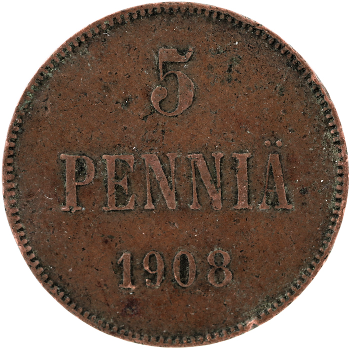 Монета номиналом 5 пенни. Сохранность VF. Россия для Финляндии, 1908 год