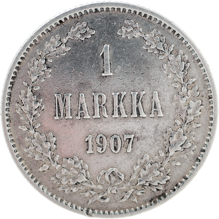Монета номиналом 1 марка. Сохранность VF. Россия для Финляндии, 1907 год
