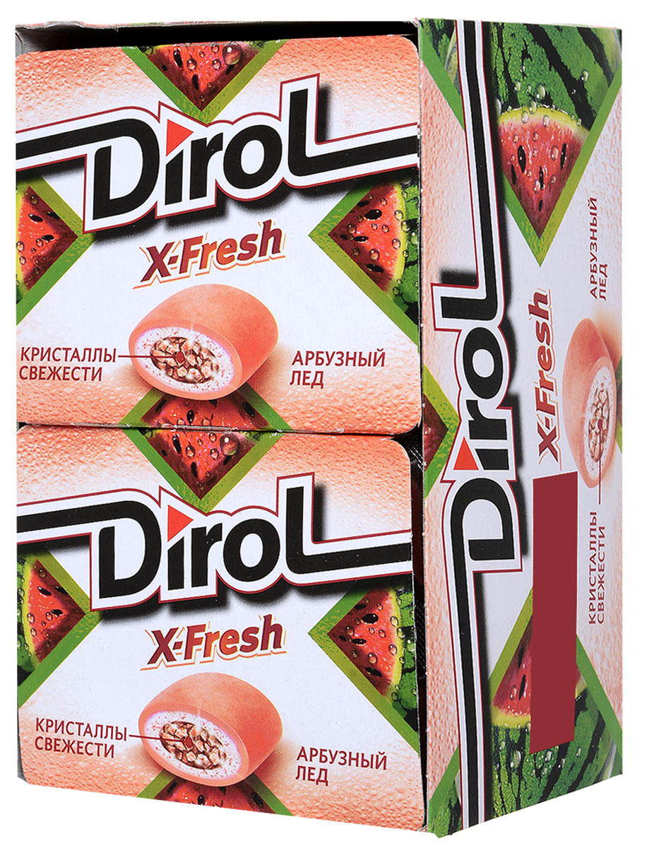 Dirol X-Fresh Жевательная резинка Арбузный лед без сахара, 12 пачек по 16 г645703 Dirol X-Fresh Жевательная резинка Арбузный лед без сахара, 12 пачек по 16 г645703Dirol X-Fresh Арбузный лед - это жевательная резинка для молодых и активных людей, которая не только освежает дыхание и мысли, но и придает уверенности в себе, наполняет жизнь позитивом, яркими эмоциями и впечатлениями. Какую бы жевательную резинку Dirol вы ни выбрали, ее невероятно сочный и восхитительно долгий вкус подарит вам улыбку, яркие эмоции, вдохновит на свежие идеи. Широкий ассортимент фруктовых и мятных вкусов Dirol позволяет каждому найти жевательную резинку по вкусу.Общеизвестно, что древние греки использовали смолу мастичного дерева или пчелиный воск, чтобы освежить дыхание и очистить зубы от остатков еды. Племена Майя наслаждались жеванием каучука. На севере Америки индейцы наслаждались подобием жевательной резинки - смолы хвойных деревьев, предварительно выпаренной на костре. В Сибири пользовалась популярностью сибирская смолка, с её помощью чистили зубы и укрепляли десны. В Европе зарождение жевательной «культуры» обозначено в 16 веке благодаря завезенному из Вест-Индии табаку. Затем «жвачка» появилась в Соединенных Штатах. Вплоть до 19 века попытки внедрить воск, парафин вместо жевательного табака терпели крах. Содержит источник фенилаланина. При чрезмерном употреблении может оказывать слабительное действие.Уважаемые клиенты! Обращаем ваше внимание, что полный перечень состава продукта представлен на дополнительном изображении.