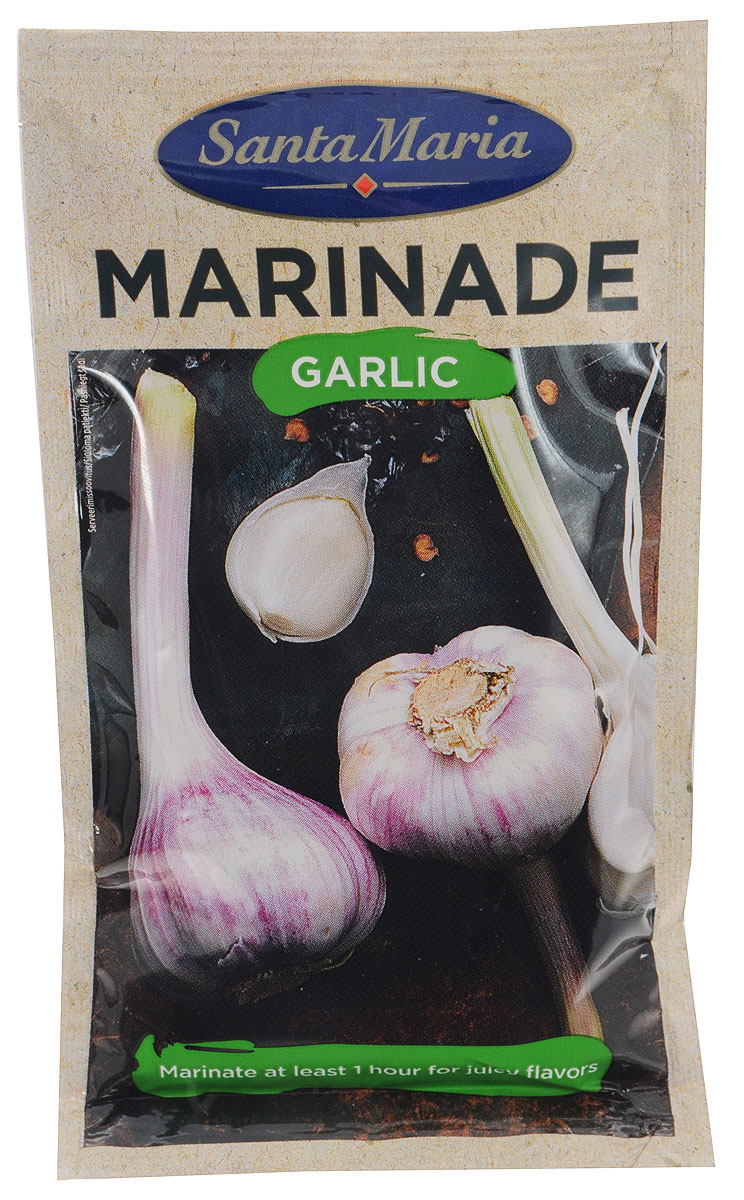 Santa Maria маринад с чесноком, 75 г17497 Santa Maria маринад с чесноком, 75 г17497Santa Maria BBQ Marinade Garlic - уникальный маринад с ароматом жареного чесночка и специй. Прекрасно смягчает мясо во время приготовления. Также маринад подходит к блюдам из рыбы, морепродуктов и овощей.Замаринуйте минимум на 30-40 минут (дичь на 4-6 часов) говядину или курицу, не убирая ее в холодильник. Запекайте маринованное мясо на овощах в духовке или приготовьте шашлык - результат всегда будет восхитительным! Уважаемые клиенты! Обращаем ваше внимание, что полный перечень состава продукта представлен на дополнительном изображении.