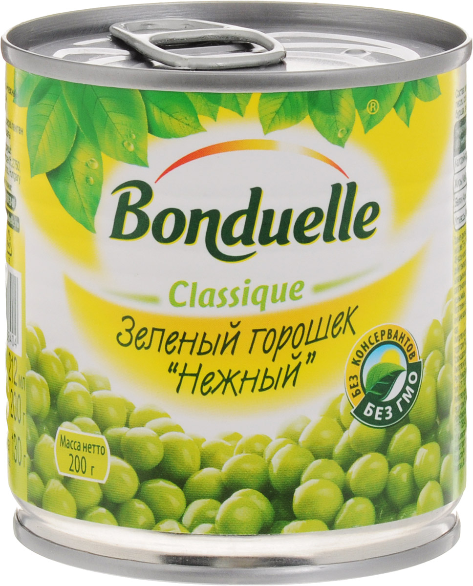 Bonduelle зеленый горошек Нежный, 200 г456 Bonduelle зеленый горошек Нежный, 200 г456Нежнейший и сладкий зеленый горошек непревзойденного качества тщательно отбирается, прежде чем попасть в банку. Только у Bonduelle процесс от сбора с грядки до упаковки проходит всего за 4 часа - поэтому на вашем столе всегда самый лучший горошек мозговых сортов, в котором содержится меньше крахмала, больше витаминов и яркого вкуса.Настоящая классика Bonduelle - продукты, давно знакомые и востребованные, а значит, их качество проверено временем и подтверждено любовью миллионов хозяек и поваров. Без них невозможно представить ни один стол нашей страны, а особенно праздничное меню, где обязательно будут салаты с горошком.Уважаемые клиенты! Обращаем ваше внимание, что полный перечень состава продукта представлен на дополнительном изображении.