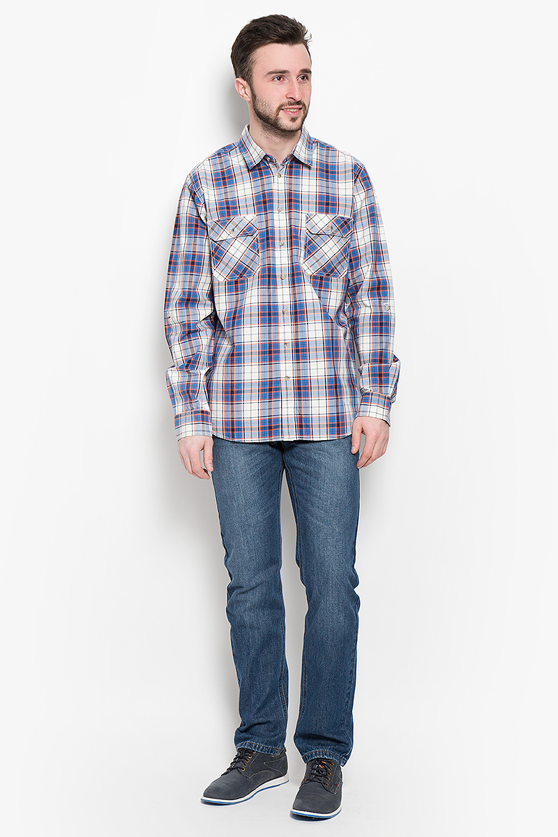 Рубашка мужская Sela Casual Wear, цвет: молочный, синий, оранжевый. H-212/760-7120. Размер 39 (44)H-212/760-7120 Рубашка мужская Sela Casual Wear, цвет: молочный, синий, оранжевый. H-212/760-7120. Размер 39 (44)H-212/760-7120Мужская рубашка Sela Casual Wear выполнена из натурального хлопка. Рубашкас длинными рукавами и отложным воротником застегивается на пуговицы спереди. Манжеты рукавов также застегиваются на пуговицы. Рубашка оформлена принтом в клетку. На груди расположены два накладных карман с клапанами на пуговицах.