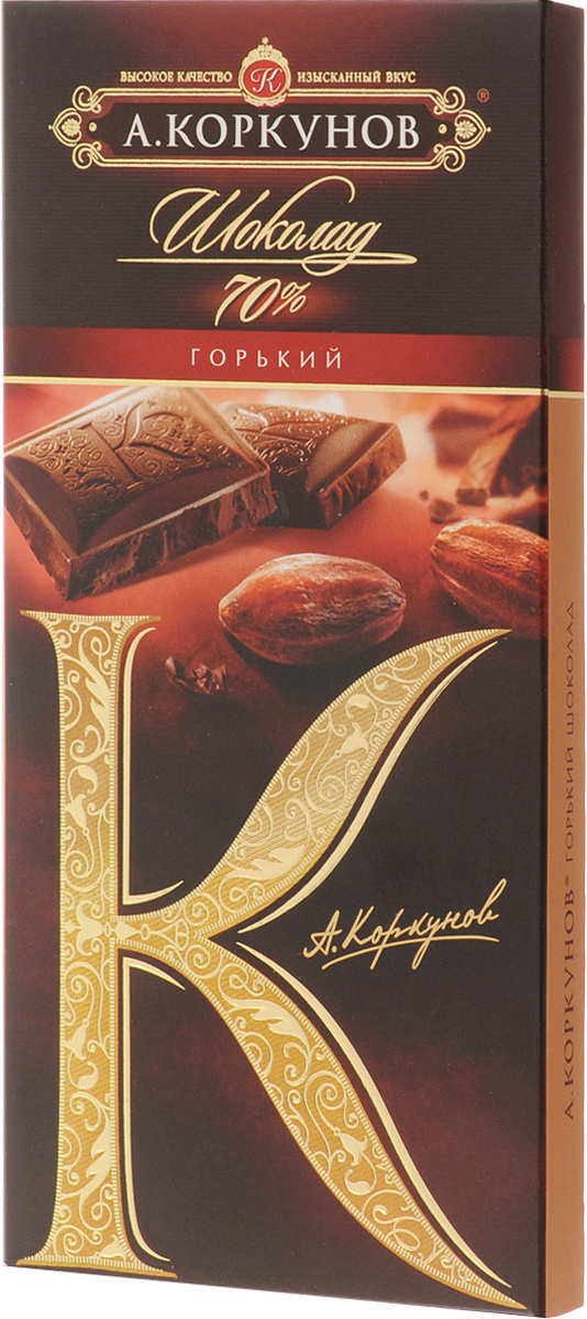 Коркунов горький шоколад 70%, 90 г79005025 Коркунов горький шоколад 70%, 90 г79005025Горький шоколад Коркунов - настоящий российский шоколад, благородный и изысканный. Для производства шоколада используются только отборные какао-бобы.Уважаемые клиенты! Обращаем ваше внимание, что полный перечень состава продукта представлен на дополнительном изображении.